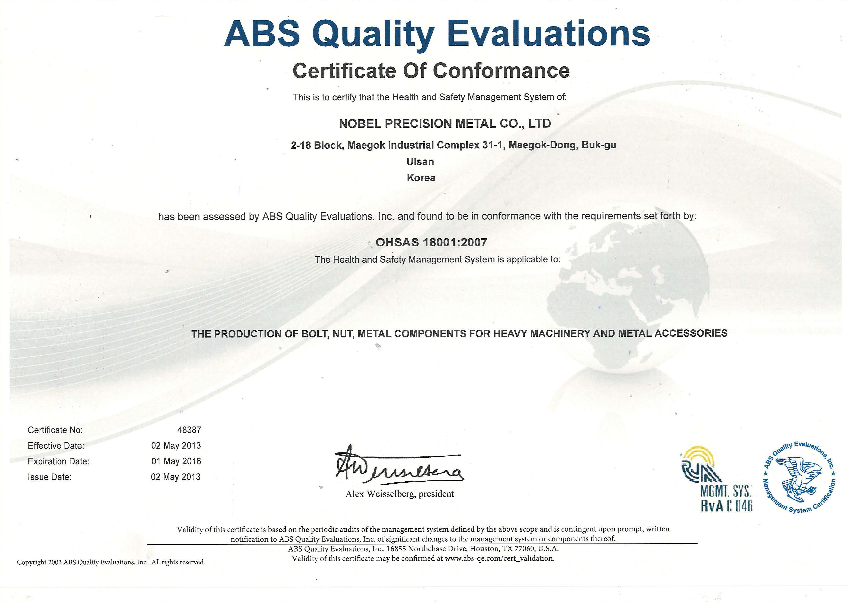 OHSAS 18001 2007 - Global Bolt and Nut Manufacturer - Nobel Precision ...